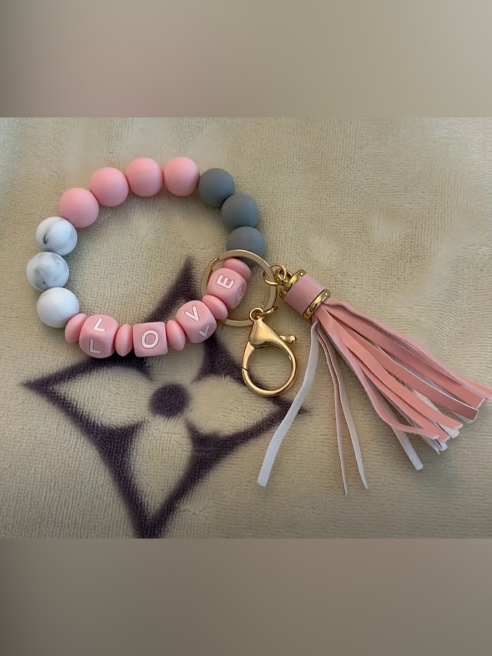Pink and Gray Beaded Keychain Wristlet with Tassel